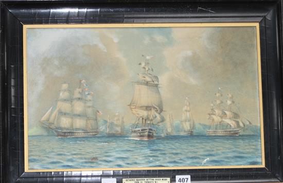 19th century English School, watercolour, Detached squadron getting underweigh from St Thomas, West Indies 1873, 30.5 x 50cm